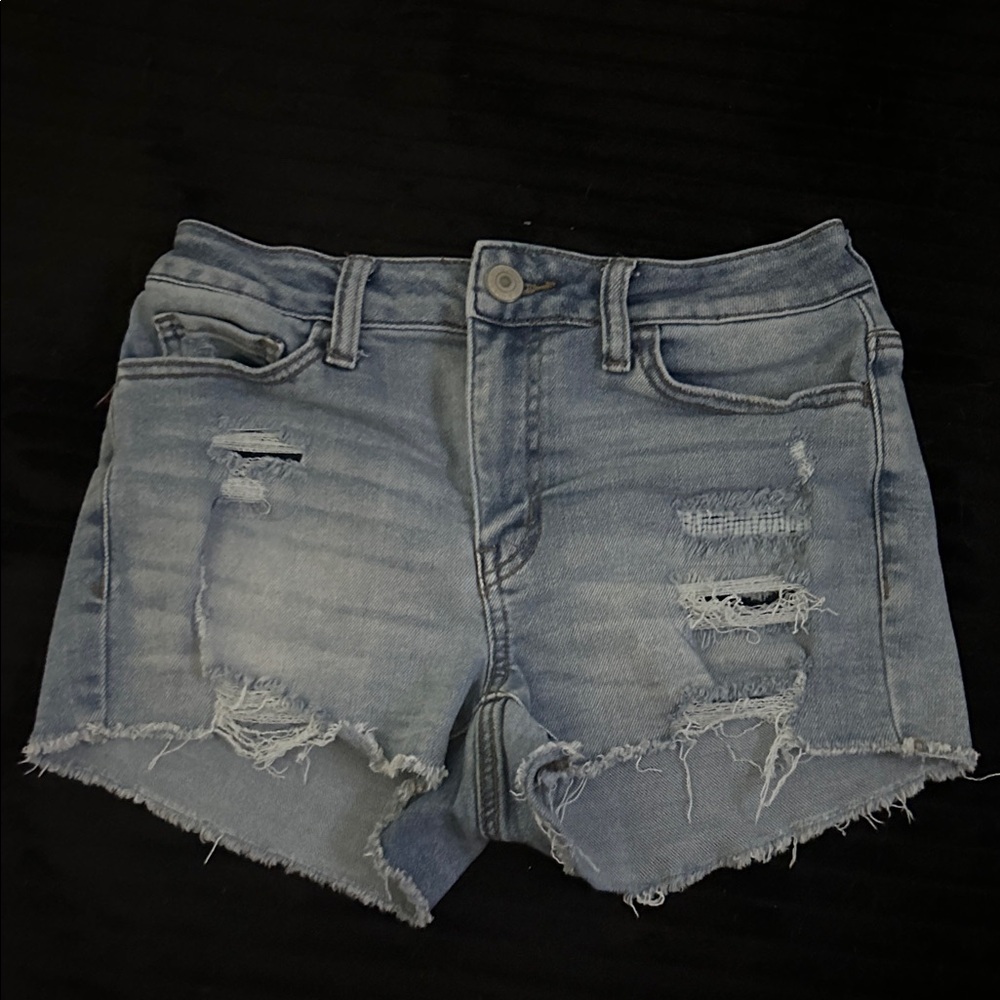 SO Light Blue Distressed High Rise Shortie Jean Shorts
